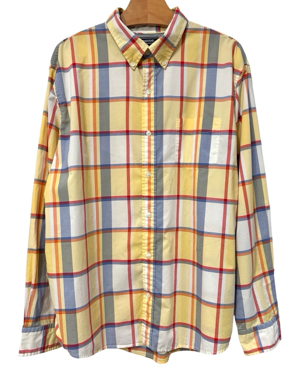 Lands' End Yellow Plaid Button Down Shirt XL 17-17.5